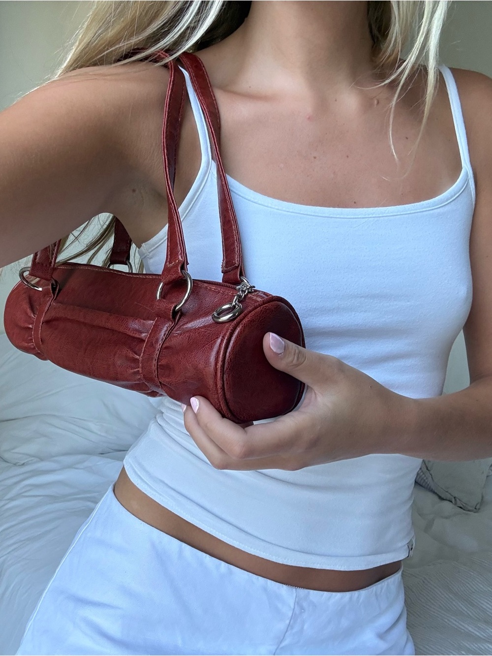 vintage Red Barrel Shoulder Bag - faux Leather Purse